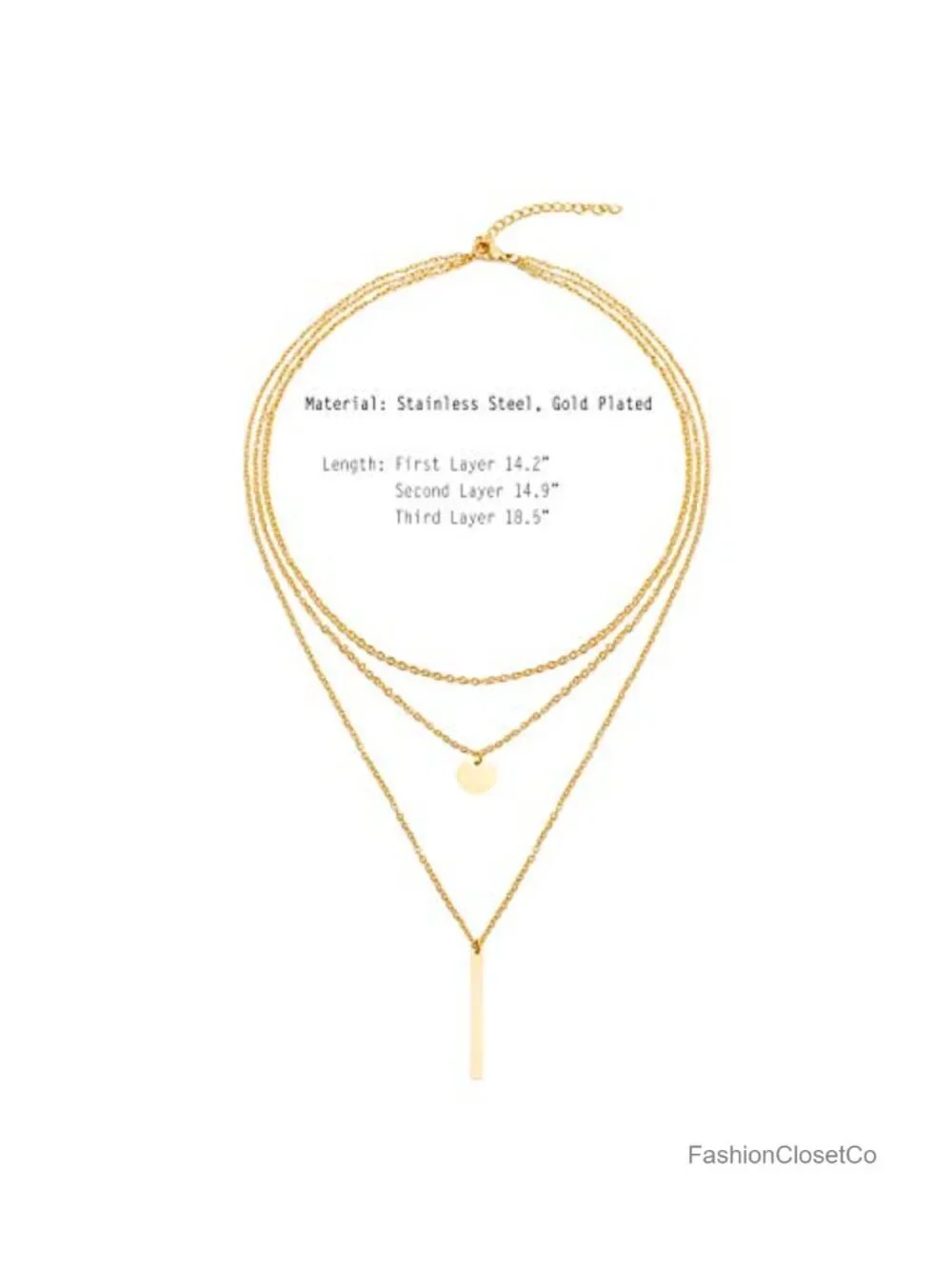 14K Gold Plated Layered Necklace Stainless Steel Chain Bar Disc Charm Choker